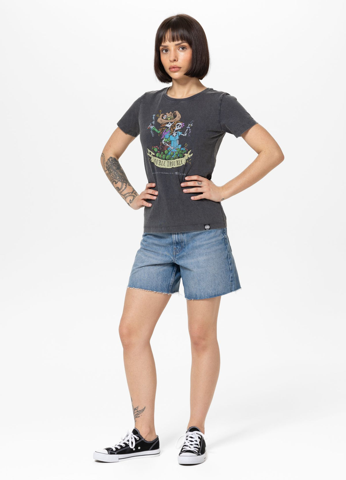 Women&#39;s T-Shirt Denim Washed DOUBLETROUBLE - Graphit