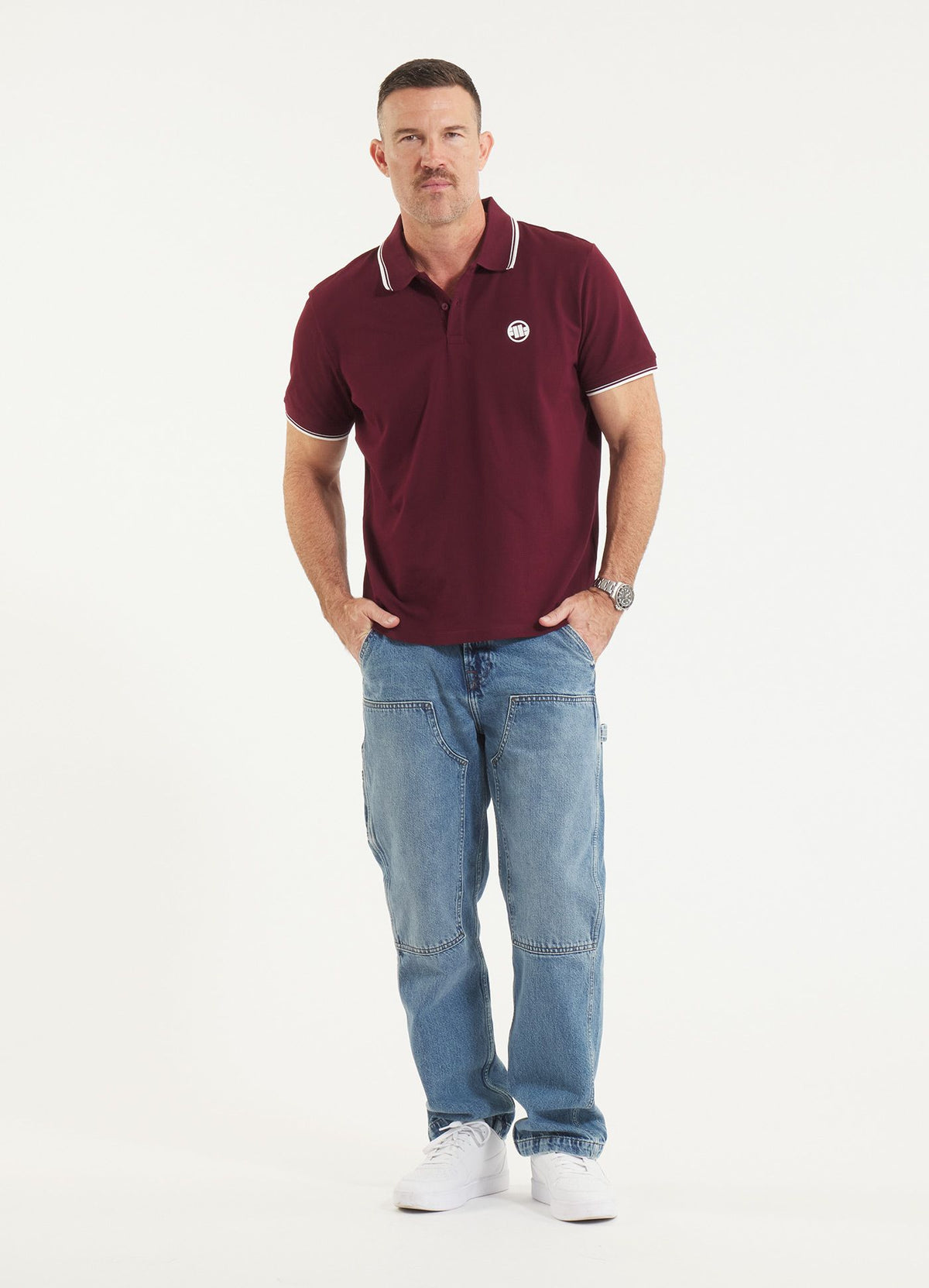 Men&#39;s Polo shirt Pique Stripes Regular - Dark burgundy